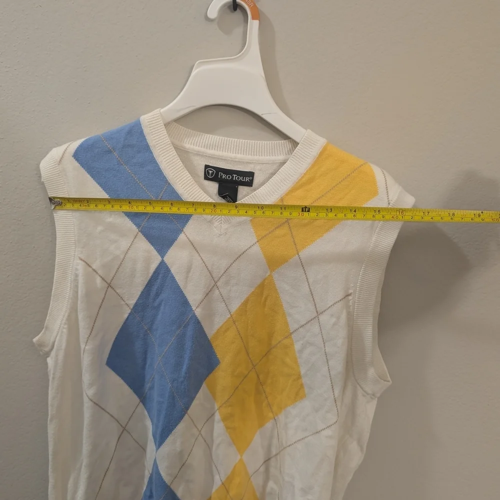 Pro Tour Argyle Sweater Vest Cream Blue Yellow Preppy Golf Layering Mens M